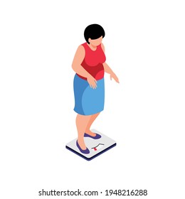 Isometric obesity unhealthy diet lifestyle composition with human character of fat woman weighing herself vector illustration