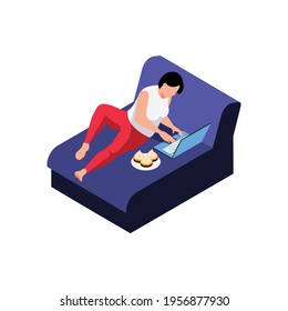 Isometric obesity unhealthy diet lifestyle composition with character of fat woman lying on sofa with laptop vector illustration