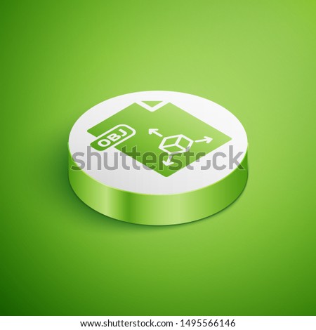 Isometric OBJ file document. Download obj button icon isolated on green background. OBJ file symbol. White circle button. Vector Illustration