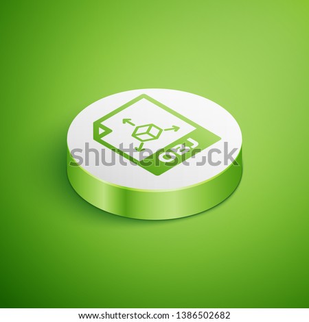 Isometric OBJ file document icon. Download obj button icon isolated on green background. OBJ file symbol. White circle button. Vector Illustration