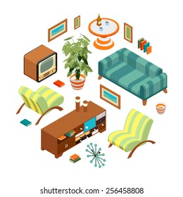 Isometric objects from a retro living room. The objects are isolated against the white background and shown from different sides