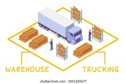 Isometric objects. Warehouse. Near the truck, pallets with boxes that are ready for loading. The warehouse employee keeps a record of the cargo.