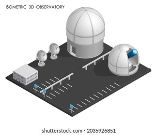 Isometric Observatory and planetarium building. Station for observing space, stars and planets of solar system. Space exploration. Realistic 3D vector