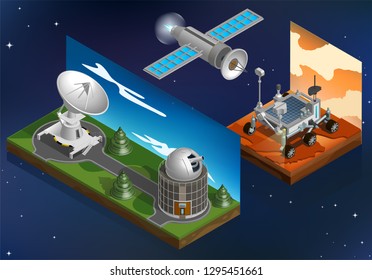 Isometric Observatory, satellite, Mars rover, landscape. Space background