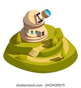 isometric observatory with telescope on a hill with a path, vector illustration