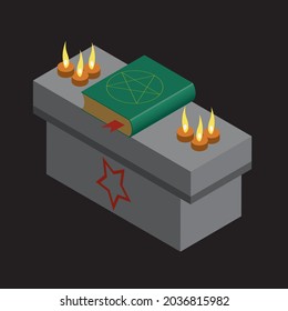 isometric occult altar with pentagram, spell book and burning candles isolated on black. Halloween and horror movie concept