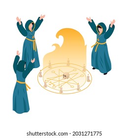 Isometric occult session composition with occultists standing round fire runic symbols skull candles vector illustration
