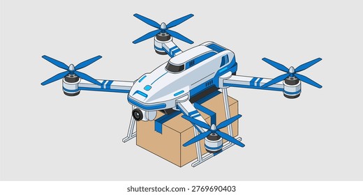 Isometric octocopter delivery drone carrying a cardboard parcel for automated modern logistics and e-commerce transportation.