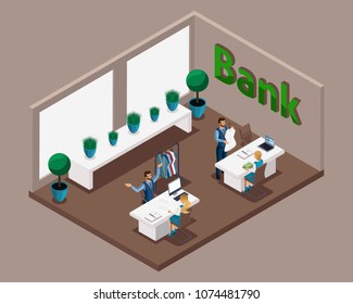 Isometric office of the bank, bank employees serve customers, Loans for the development of their own business tailor, the opening of a tailor workshop.
