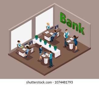 Isometric office of the bank, bank employees serve customers, issuance of loans, credit cards, deposits, bank cells. E-service.