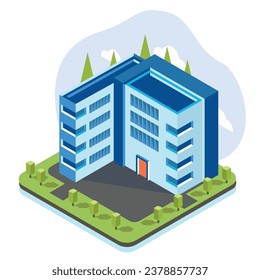 Isometric Office Building or apartment Isolated on White. Business Center. City building with element tree and sky vector 3d illustrations.