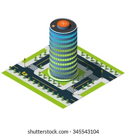 Isometric office building. Circle skyscraper icon. Road markings and crossroads illustration. 