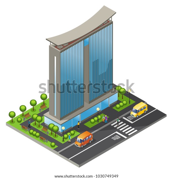Isometric office building concept with\
modern business skyscraper moving cars people road and trees\
isolated vector\
illustration