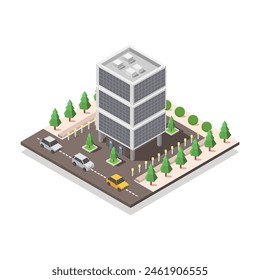 Isometric office building illustrated on white background