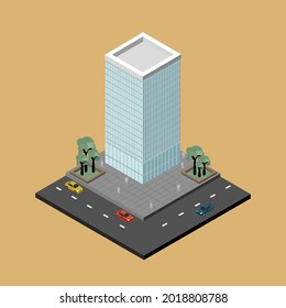 Isometric of office building with landscape and road.