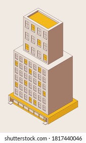 Edificio de oficinas isométrico de estilo esquemático. Ventanas amarillas. Elemento de ciudad del vector