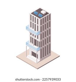 Isometric office building with solar panels. Vector illustration. ESG concept.