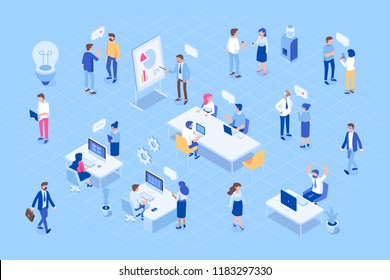 Isometric office with business people working together. Office workspace. Office life. Flat vector illustration.