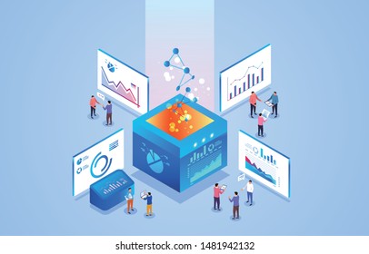 Isometric office businessmen working together to communicate online analysis of financial data
