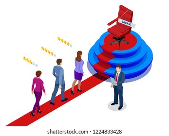 Isometric Office chair with vacancy sign isolated on blue background. Employment, vacancy and hiring job vector concept.