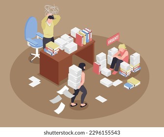 Isometric office chaos composition with human characters of coworkers in paperwork mess tired of urgent tasks vector illustration