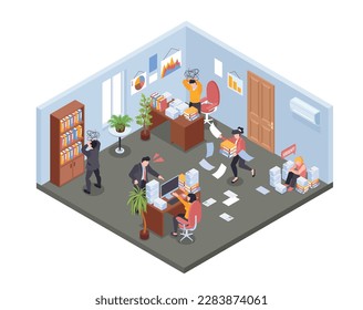 Isometric office chaos composition with isolated view of working place in paperwork mess with mad workers vector illustration