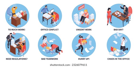 Isometric office chaos set of isolated round compositions with discouraged outworking coworkers missing deadlines and text vector illustration