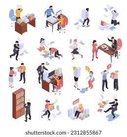 Isometric office chaos unorganized set with isolated icons of workplace problems with characters of angry coworkers vector illustration