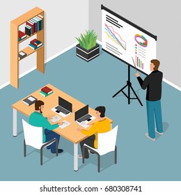 Isometric office. Concept of business meeting, exchange ideas and experience, coworking people,collaboration and discussion,vector illustration