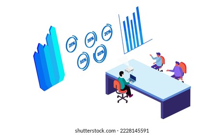 Isometric office conference present report graph , pie chart on project, teamwork isometric design .Isometric Business People Having a Meeting In The Office Concept
isometric business team present 