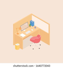 Isometric office cubicle in beige. Vector illustration in flat design, isolated.