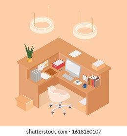 Isometric office cubicle in brown. Vector illustration in flat design, isolated.