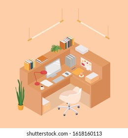 Isometric office cubicle in brown. Vector illustration in flat design, isolated.