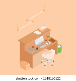 Isometric office cubicle in brown. Vector illustration in flat design, isolated.