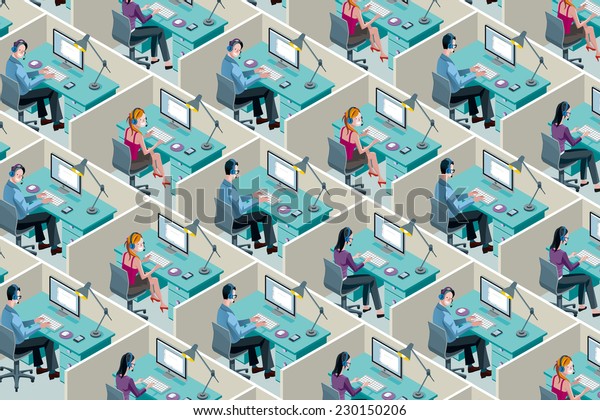 Isometric Office Cubicles. Men and women working\
with headset in a call\
center.