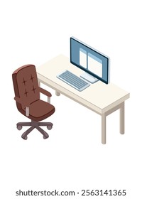 Isometric office desk with chair on wheels. PC monitor with keyboard on table. Soft brown leather chair on star base. White wide desk. Vector illustration isolated on white background.