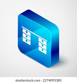 Isometric Office desk icon aislado en fondo gris. Botón cuadrado azul. Vector