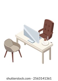 Isometric office desk with a monitor, coffee cup, executive chair, and guest chair. Ideal for corporate themes, remote work concepts, or productivity. Vector illustration isolated on white.