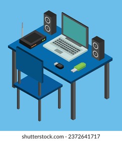 isometric office desk test vector design illustration