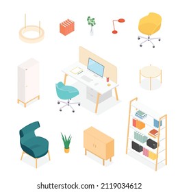 Isometric office desk, workspace. Vector illustration in flat design, isolated. 