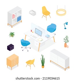 Isometric office desk, workspace. Vector illustration in flat design, isolated. 