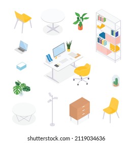 Isometric office desk, workspace. Vector illustration in flat design, isolated. 