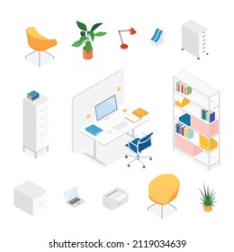 Isometric office desk, workspace. Vector illustration in flat design, isolated. 