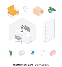 Isometric office desk, workspace. Vector illustration in flat design, isolated. 