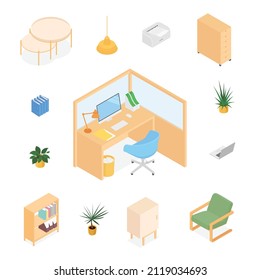 Oficina isométrica, espacio de trabajo. Ilustración vectorial en diseño plano, aislado. 