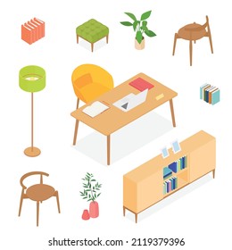 Isometric office desk, workspace. Vector illustration in flat design, isolated.