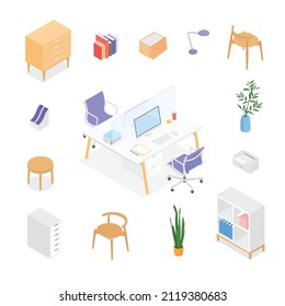 Oficina isométrica, espacio de trabajo. Ilustración vectorial en diseño plano, aislado.