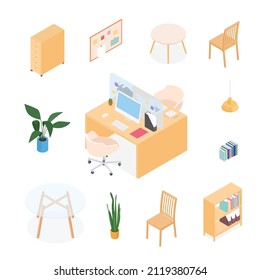 Isometric office desk, workspace. Vector illustration in flat design, isolated.