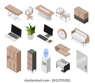 Elementos de oficina isométricos. Mobiliario de gabinete y equipo de trabajo. Gadgets, sofá y estanterías, escritorio de madera y sillas. Conjunto de vectores sin defectos aislados