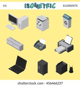 Isometric Office Elements, Personal Computer, Printer, Bin, Air Conditioner, Fax,  Laptop, Safe, Shelf, Vector Illustration Set